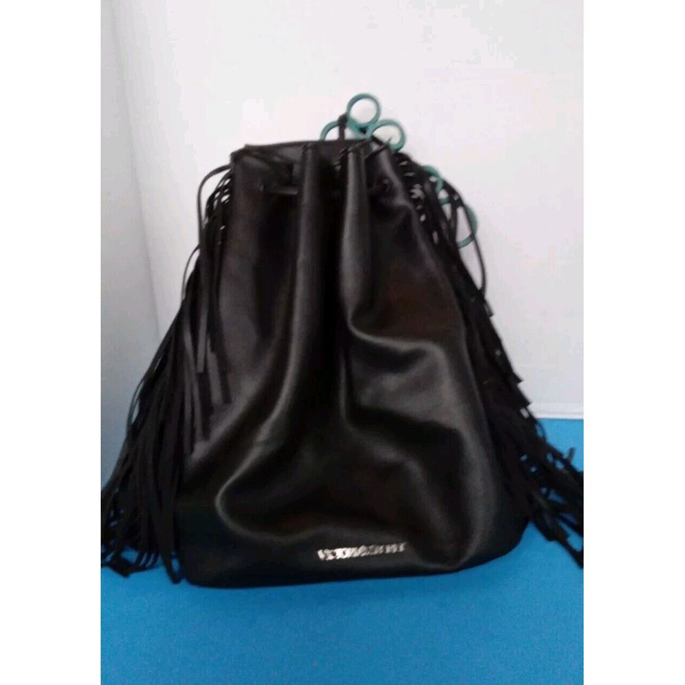 Victoria's Secret Black Faux Leather Drawstring Bucket Bag with Fringe Detail